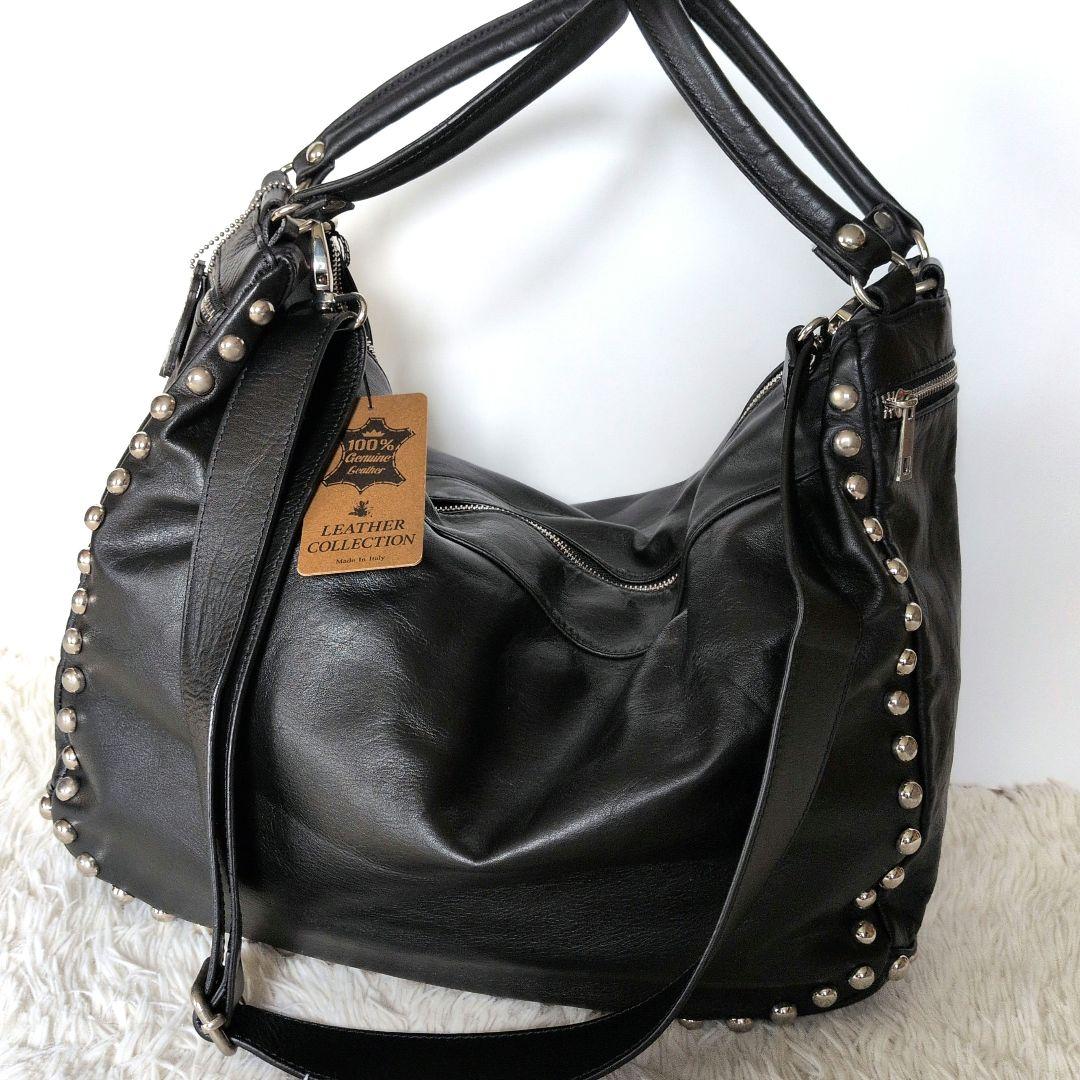 【新品】イタリア製本革スタッズバック レザーブラック2wayバッグ