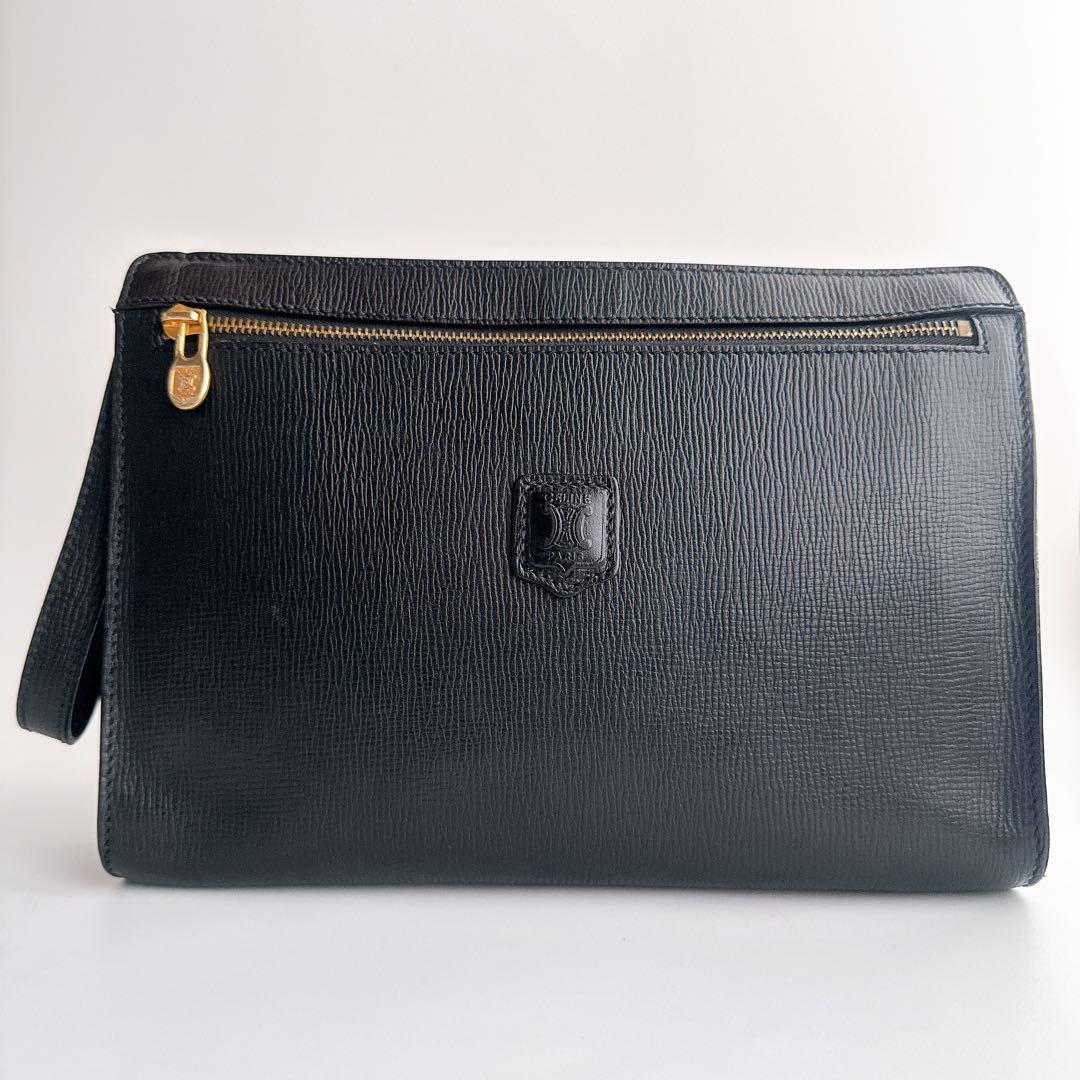 セリーヌ クラッチ セカンド バッグ マカダム ロゴ 本革 黒 ゴールド金具