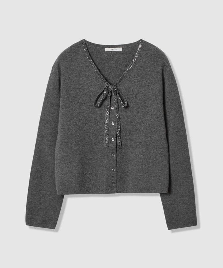 【超貴重！新品◆ANAYI◆《ステップビジューVネックカーディガン（グレー）》】