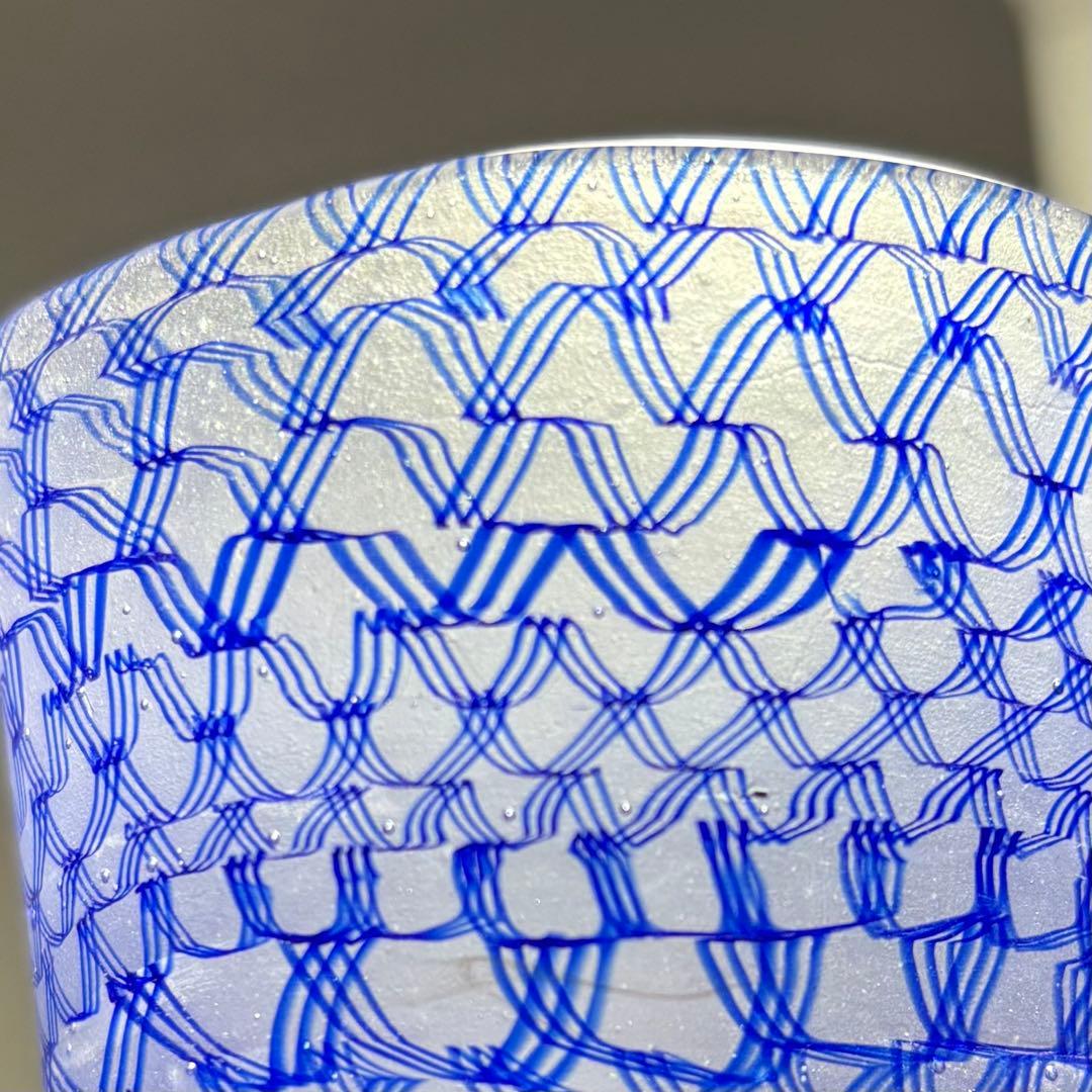 コアガラス　小暮紀一　冷酒杯　レース文様　青　ぐい呑　おちょこ　トンボ玉