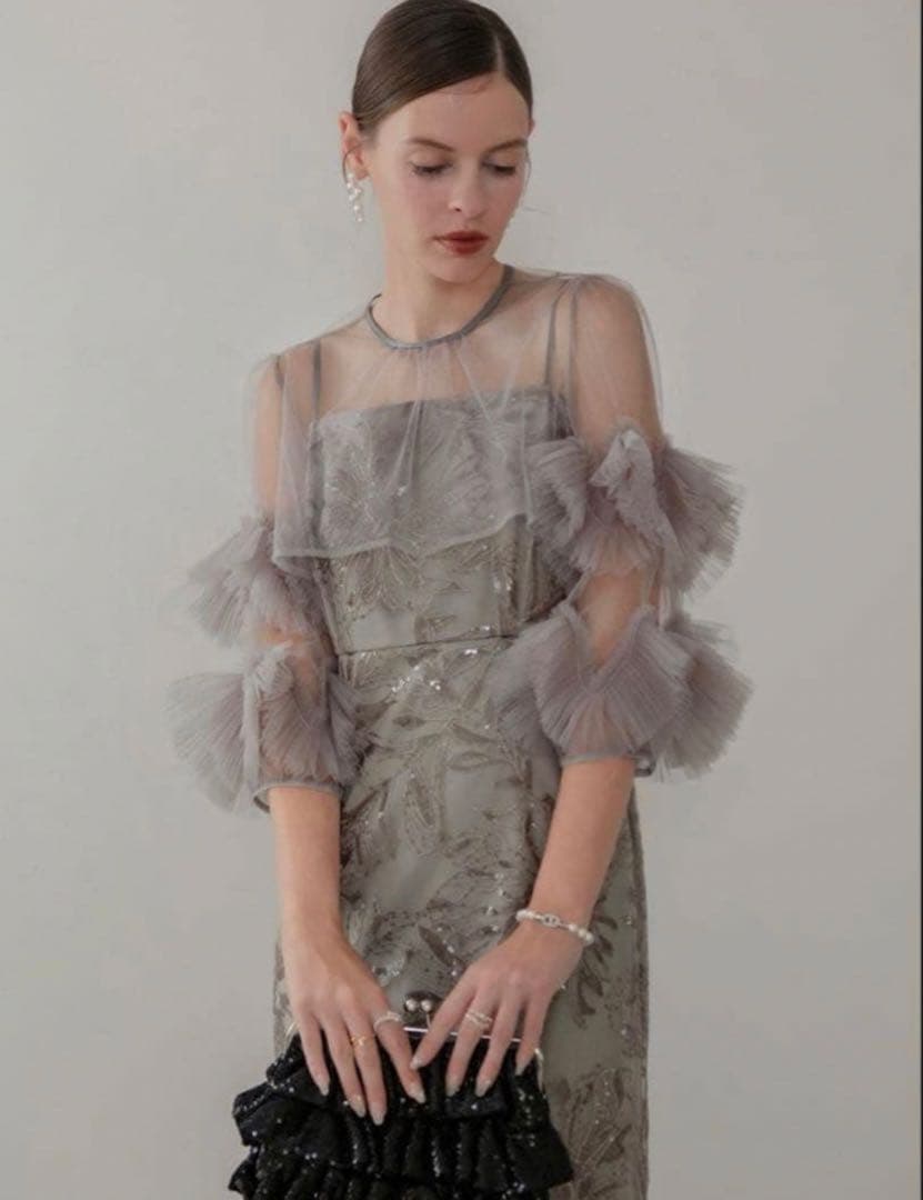 leja フラワースパンコールチュールフリルスリーブIラインワンピースドレス