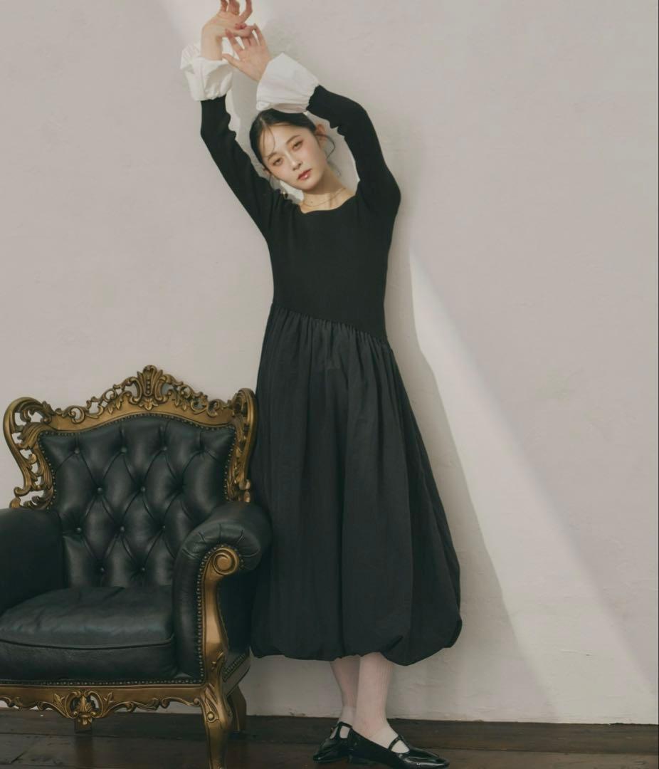 Olu. オルドット ニットドッキングバルーンワンピース black