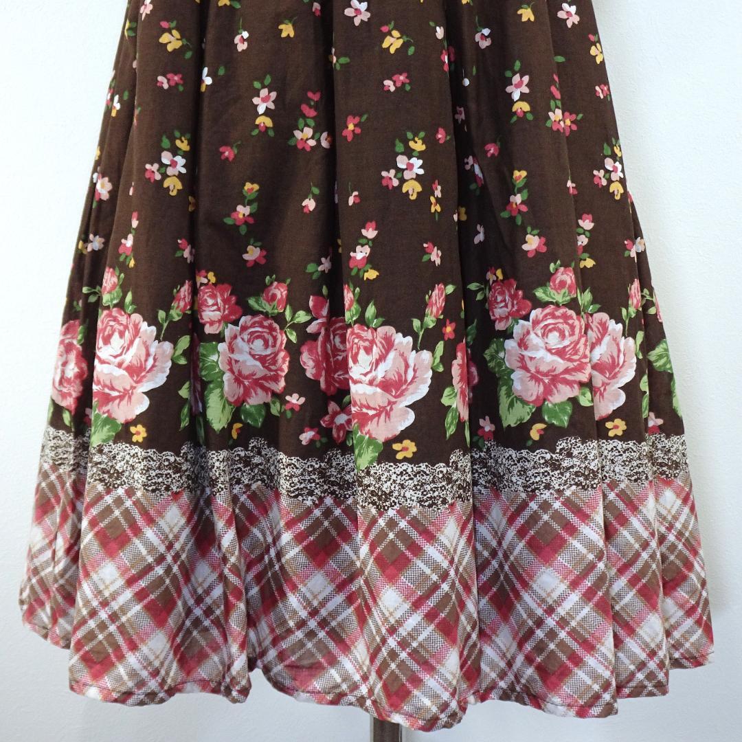 LIZLISA ワンピース 花柄 チェック柄 半袖 ブラウン フェアリーグランジ