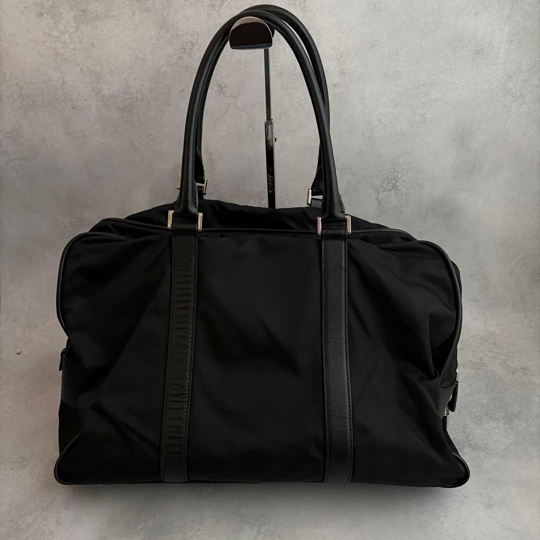 【美品✨】PRADA ボストントート　ナイロン×サフィアーノレザー　黒　三角ロゴ