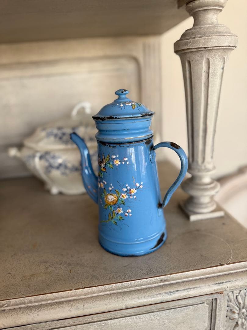 フランスアンティークエトワール社レア！小鳥と小鳥の巣ハンドペイントホーローポット