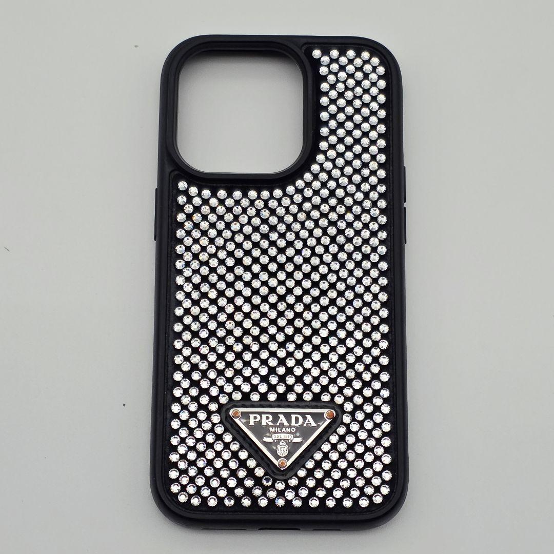 PRADA iphone14pro ケース ラインストーン クリスタル 三角ロゴ