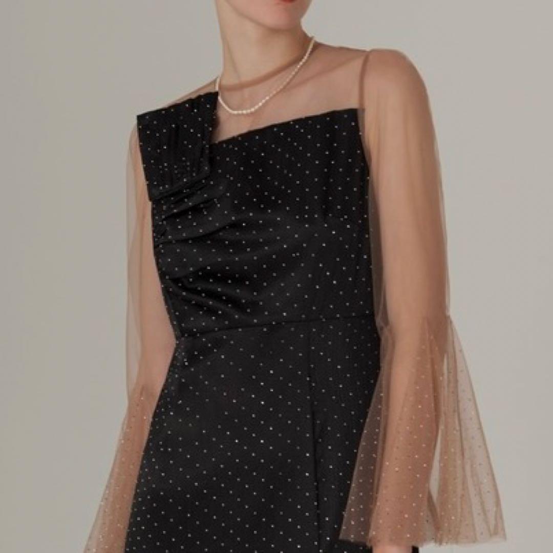 LEJAレジャオープンショルダーチュールストーン IラインドレスMブラック結婚式