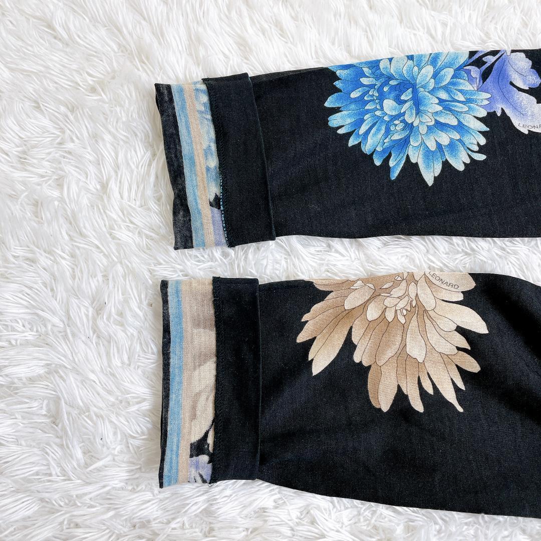 レオナール シルク混 長袖カットソー ブラック 花柄 トリム L