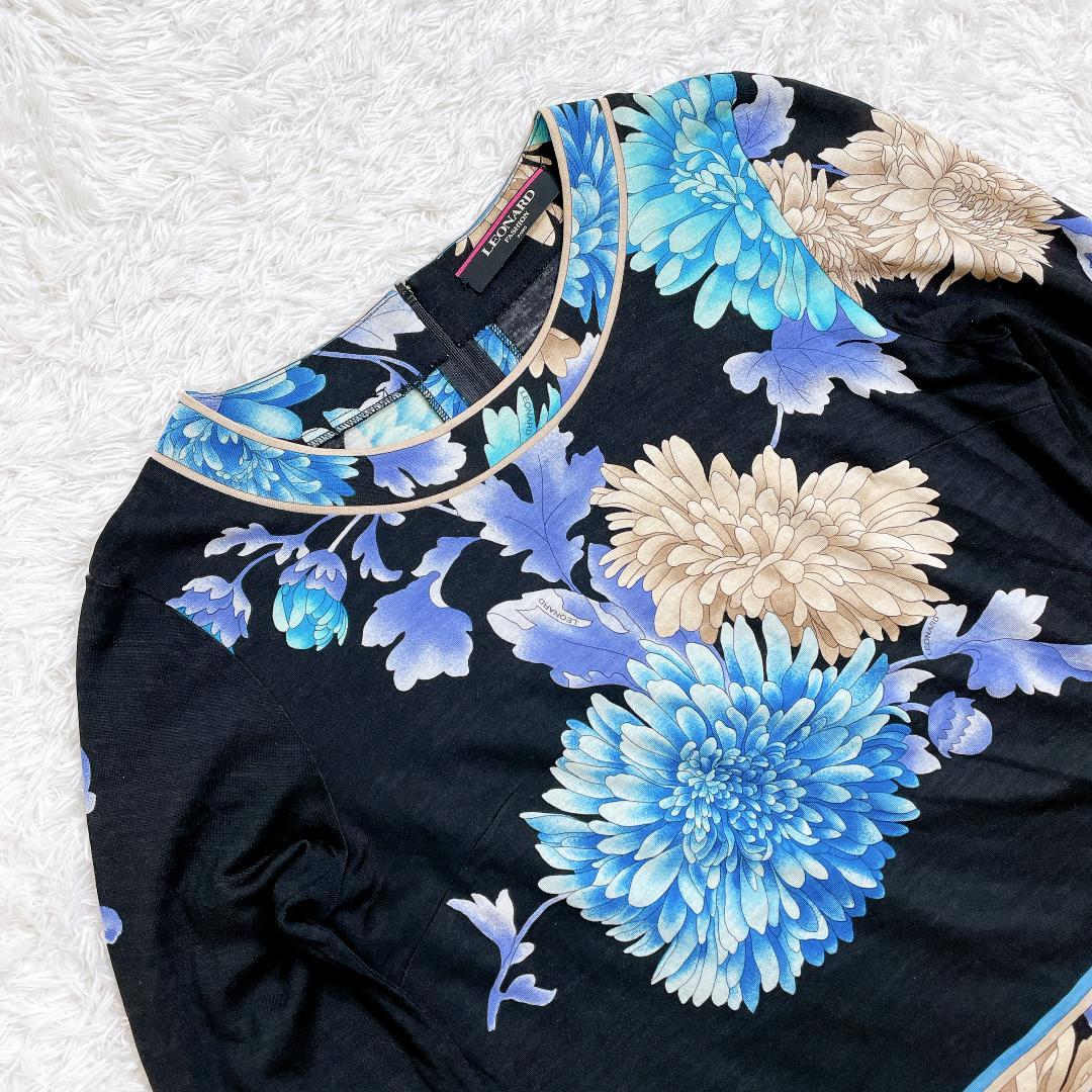 レオナール シルク混 長袖カットソー ブラック 花柄 トリム L