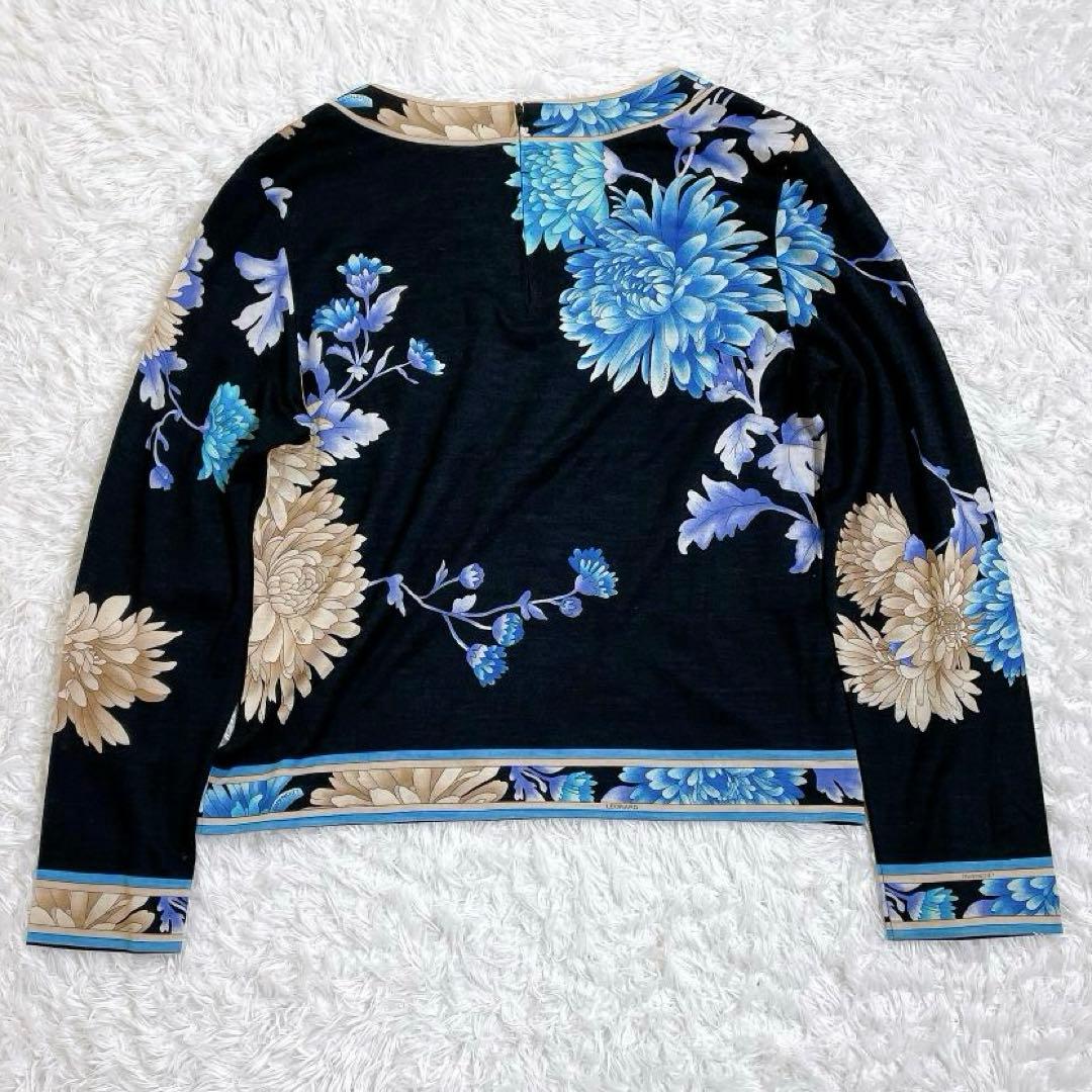 レオナール シルク混 長袖カットソー ブラック 花柄 トリム L