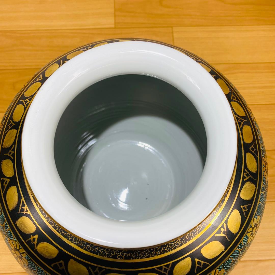 【美品】九谷焼 花瓶 洋山造 金彩 青粒鉄仙唐草文 25cm 共箱付き