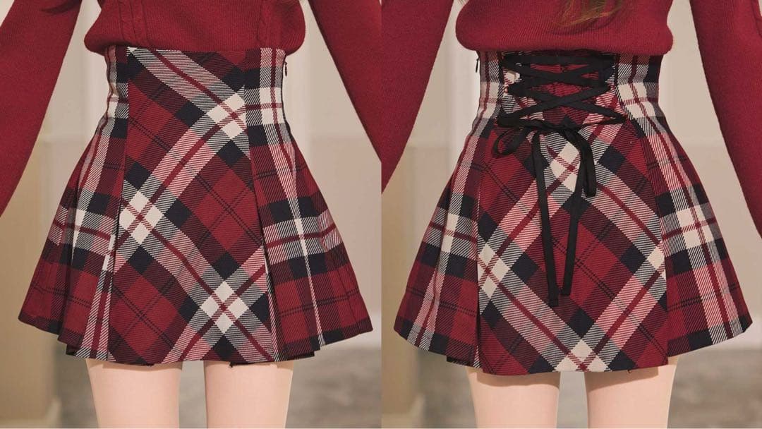 【新品タグ付き】 ミシェルマカロン フレアチェックスカート レッド FREE