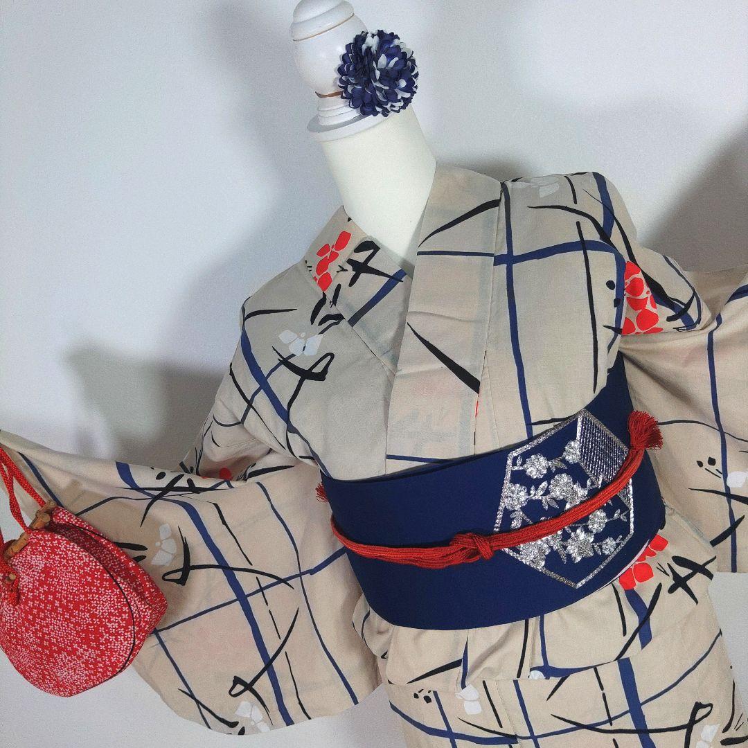レトロ　レディース　浴衣セット　身丈145cm　ベージュ　赤　半幅帯　青 　小柄