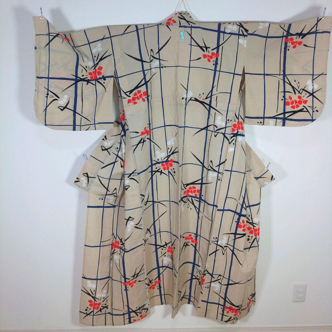 レトロ　レディース　浴衣セット　身丈145cm　ベージュ　赤　半幅帯　青 　小柄