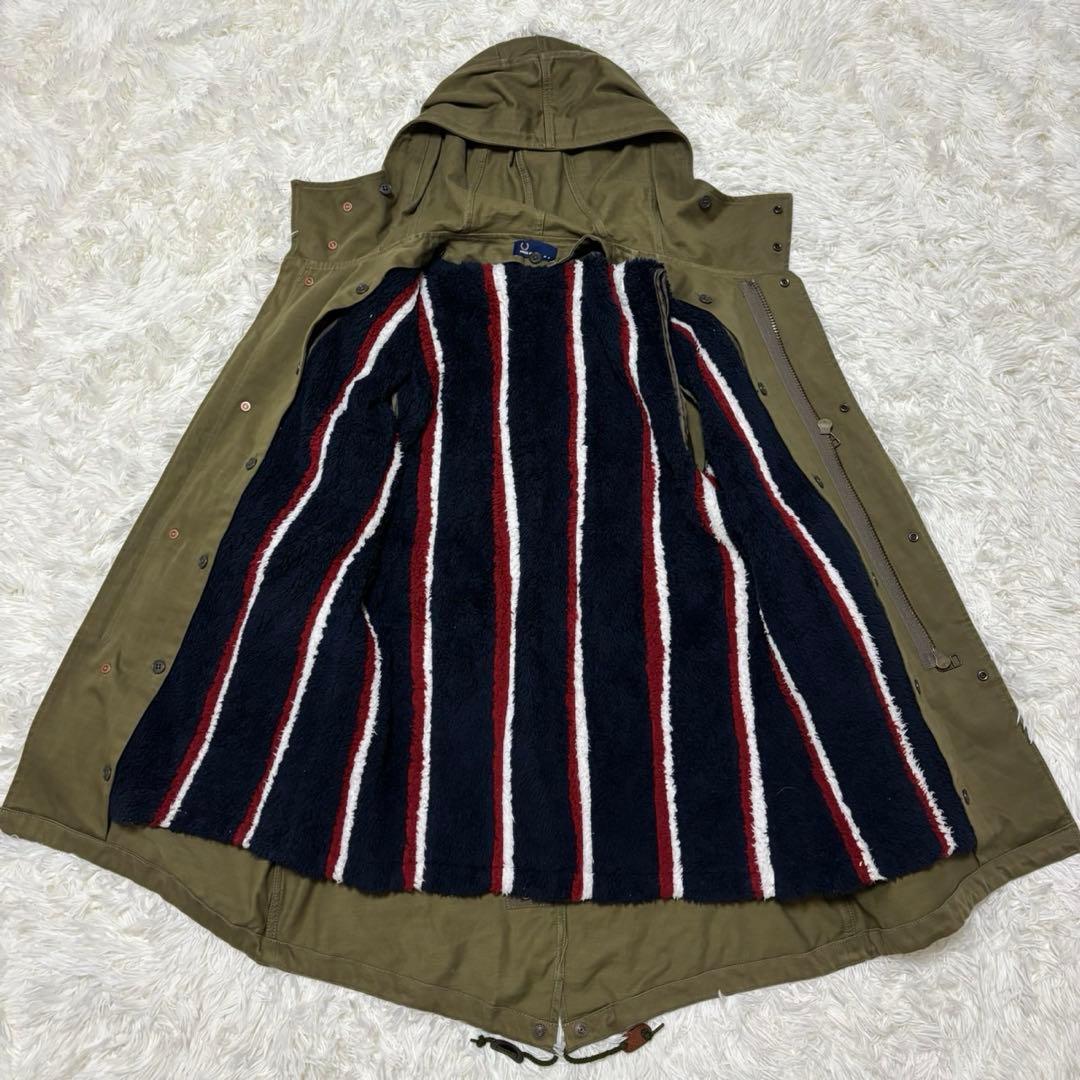 【フレッドペリー】2way モッズコート　ストライプ　ロゴ刺繍　カーキ　S