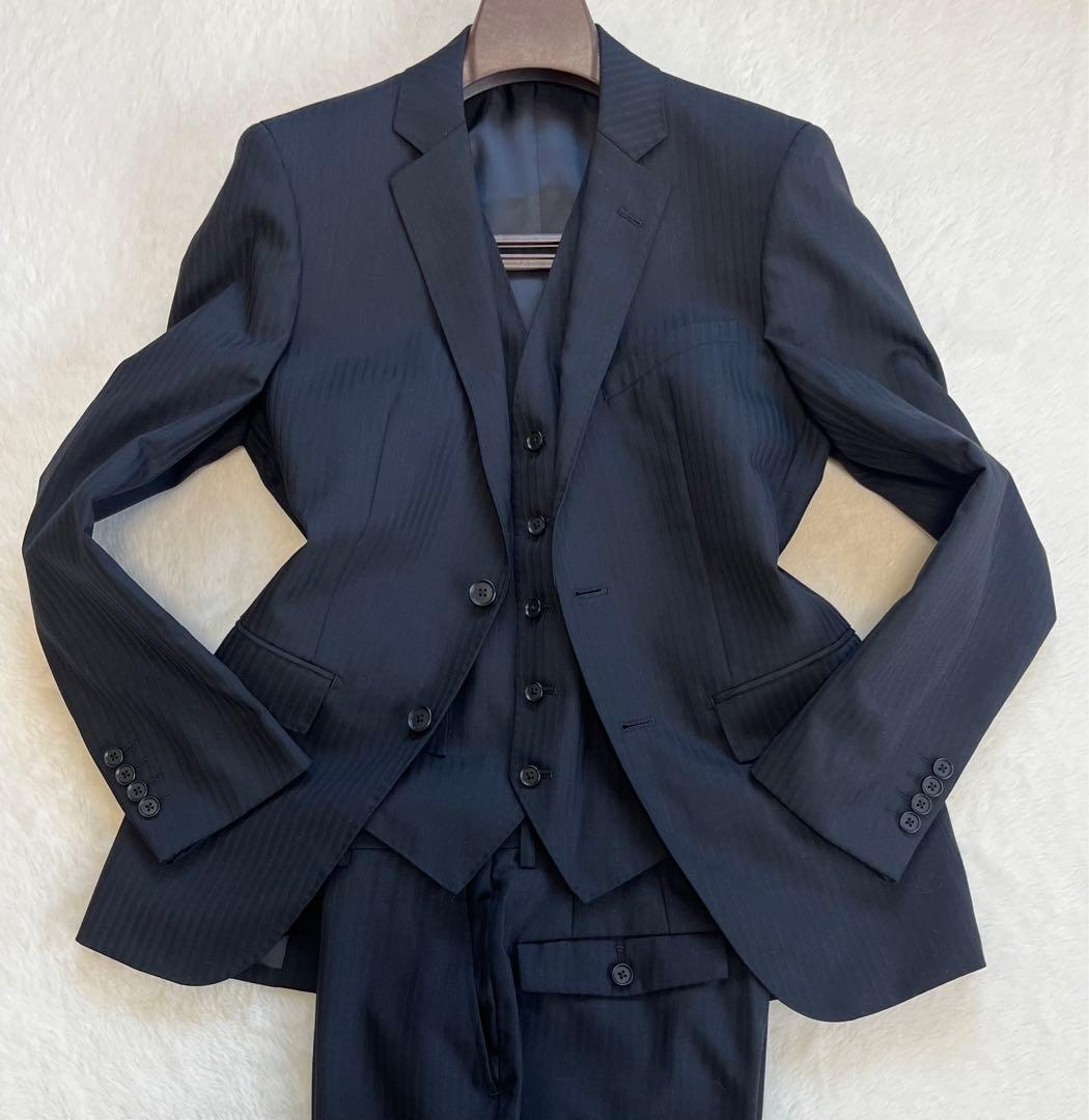 【未使用】スーツ　セットアップ　スリーピーススーツ　ブラック　ストライプ
