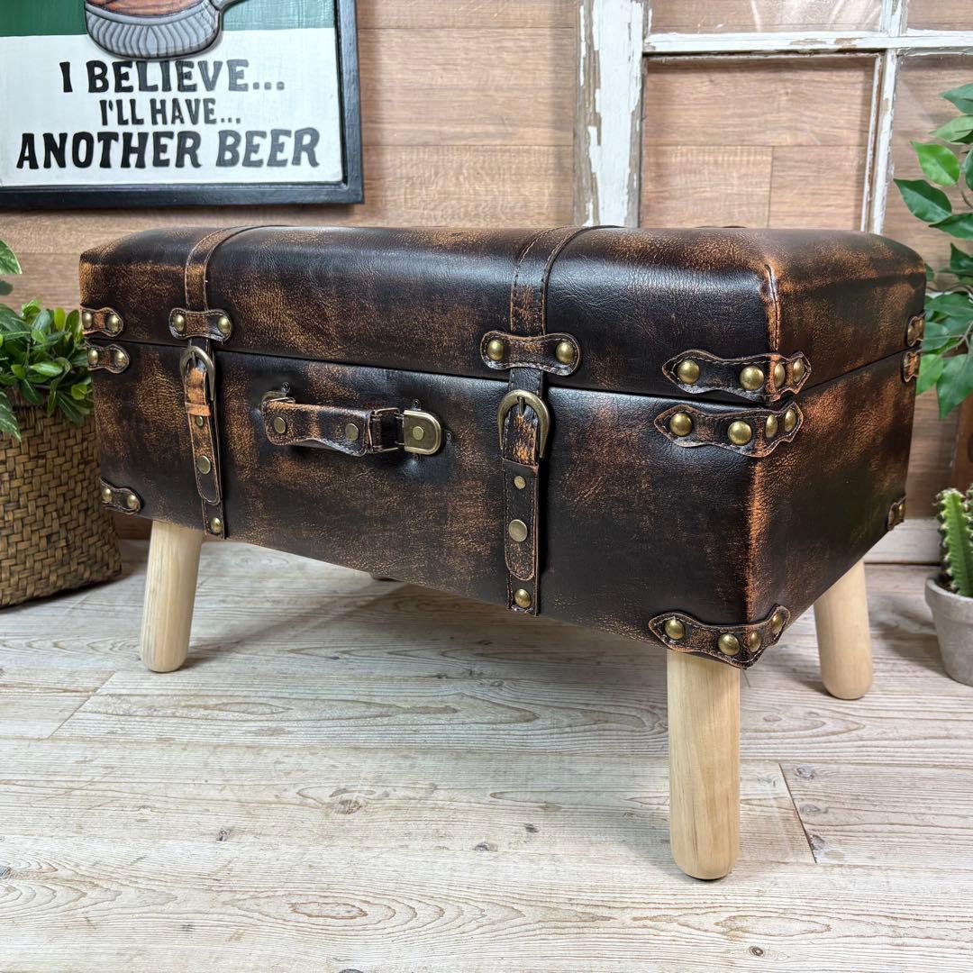 アンティーク調トランク型収納ケース付きレザーベンチスツール木製足オットマン椅子