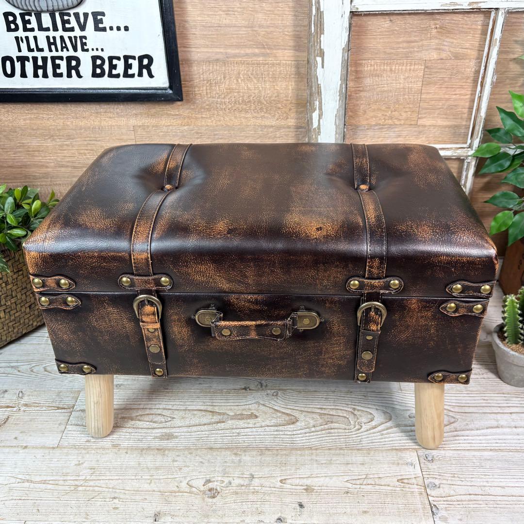 アンティーク調トランク型収納ケース付きレザーベンチスツール木製足オットマン椅子