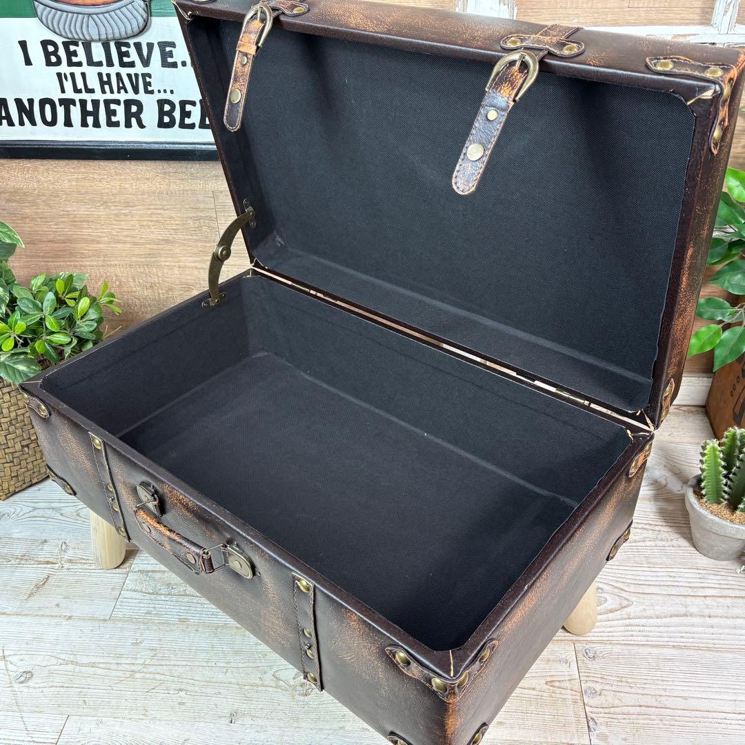 アンティーク調トランク型収納ケース付きレザーベンチスツール木製足オットマン椅子