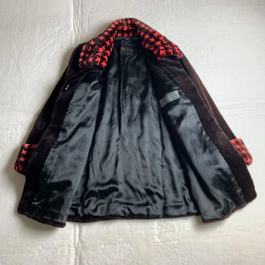 【ファーコート　サガミンク　千鳥格子柄　赤　黒　奇抜　レトロボタン　古着】