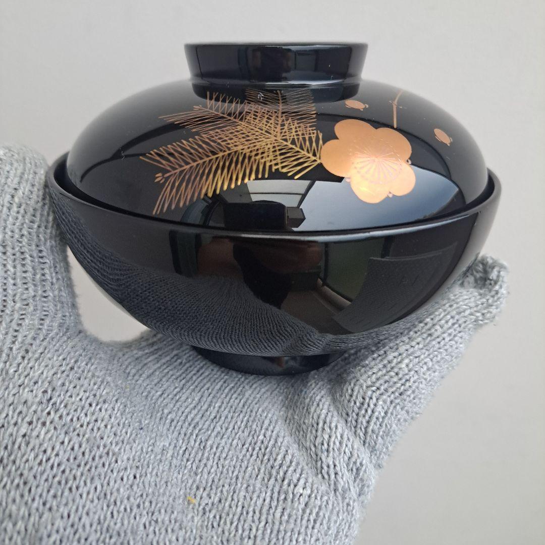 【越前\"河和田漆器　松竹梅\"蒔絵御吸物椀×5客】天然木製　祖雅堂　未使用/長期