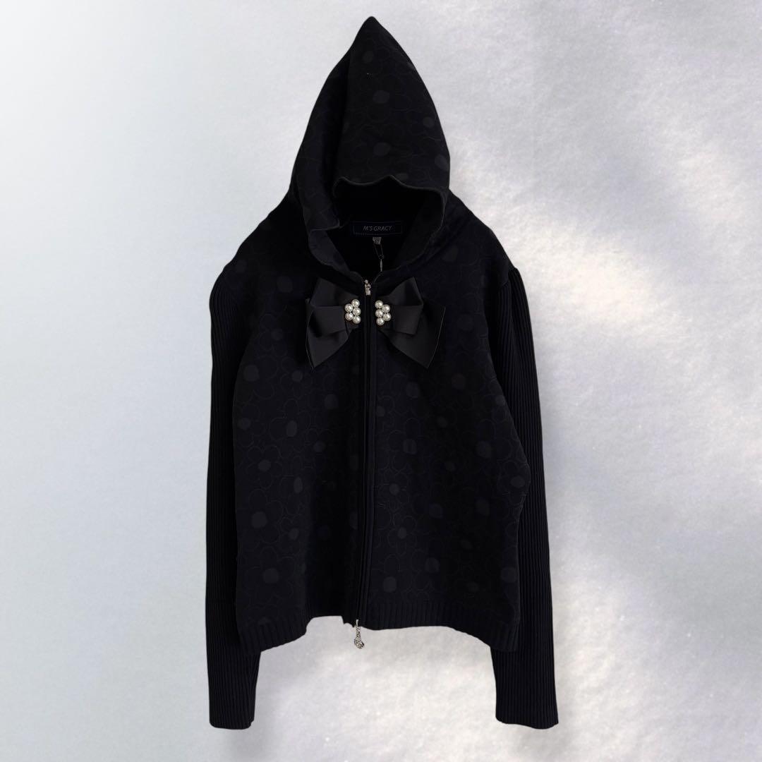 新品 エムズグレイシー デイジー柄 パール リボンパーカー 花柄 L《663