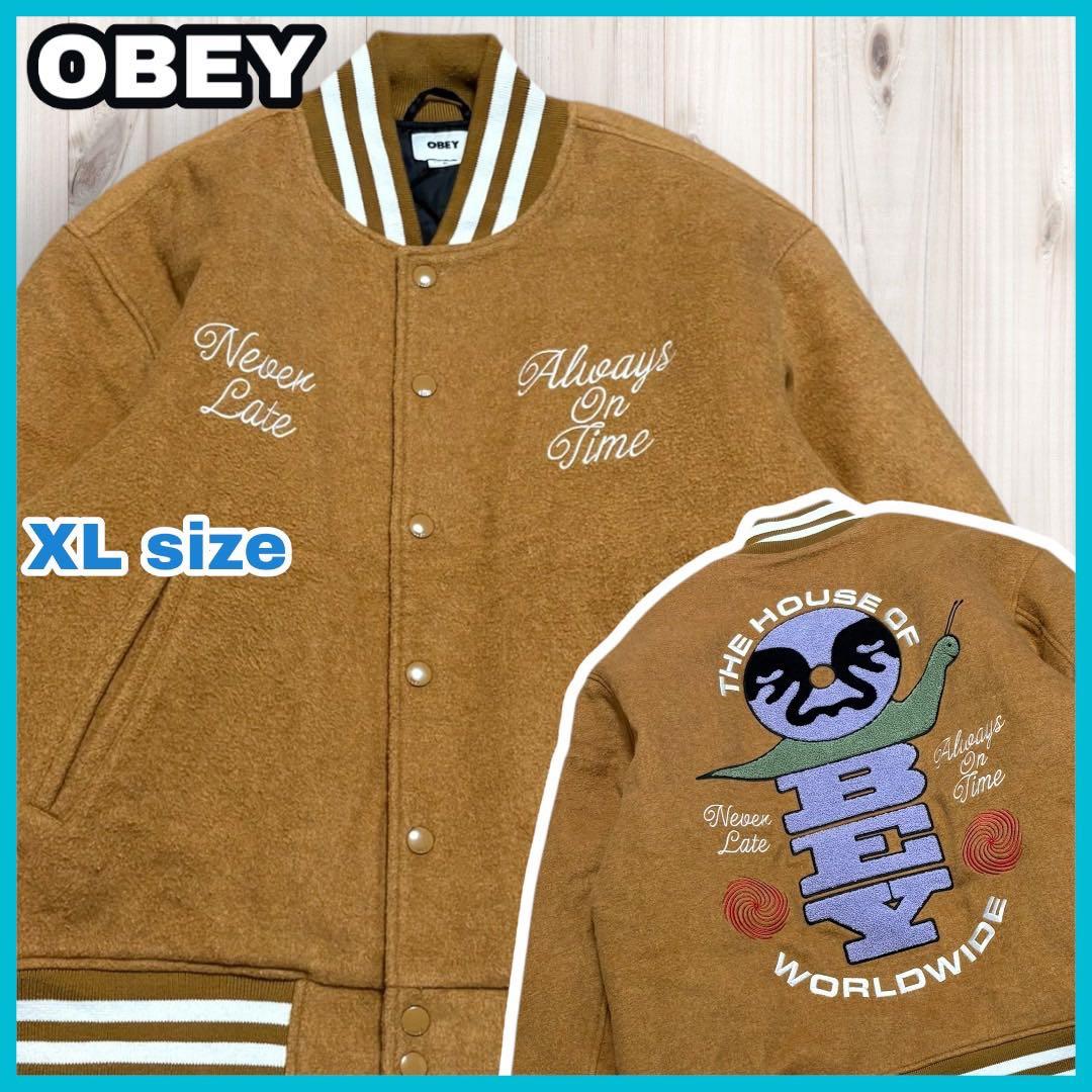オベイ OBEY ウール混 スタジャン ブルゾン ビッグ刺繍 裏地キルティング