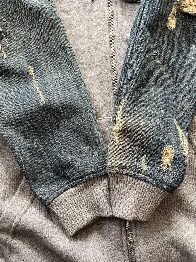 【未使用】DIESELディーゼル ダメージ加工 袖デニムパーカー