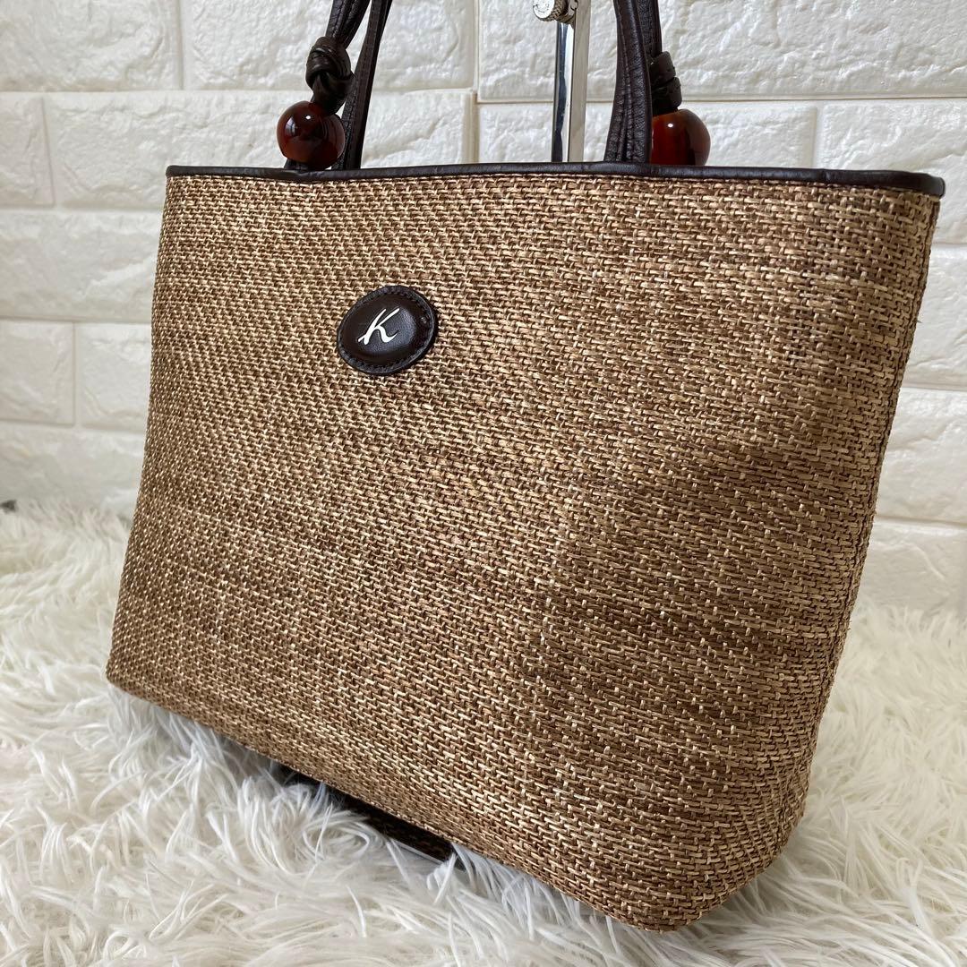 キタムラ✨かごバッグ　レザー　トートバッグ　夏　編み込み　保存袋　自立　異素材