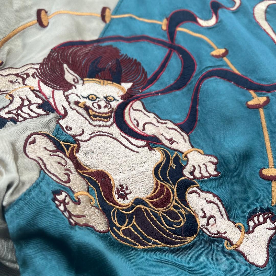 Pin Ball 風神雷神、刺繍 リバーシブル サテンスカジャン 赤　緑