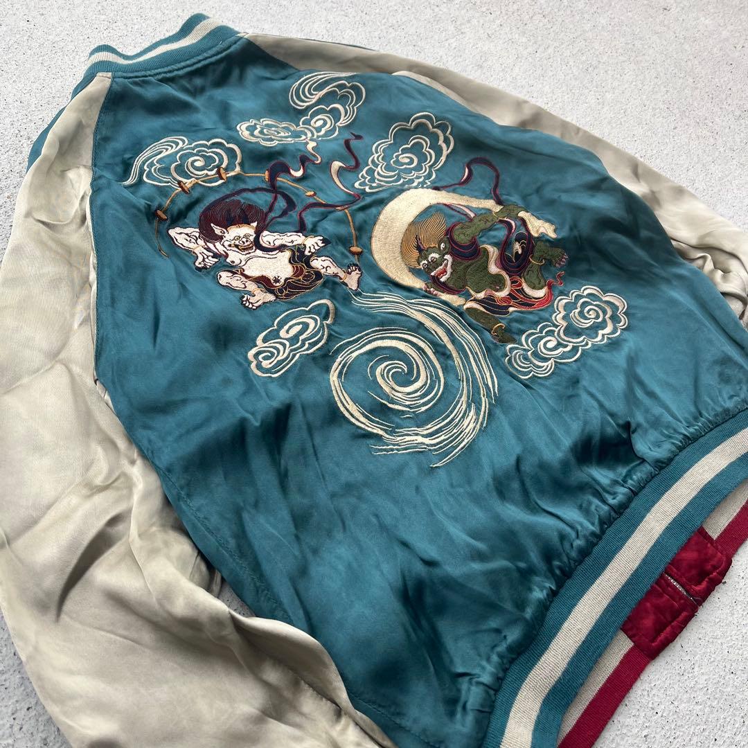 Pin Ball 風神雷神、刺繍 リバーシブル サテンスカジャン 赤　緑