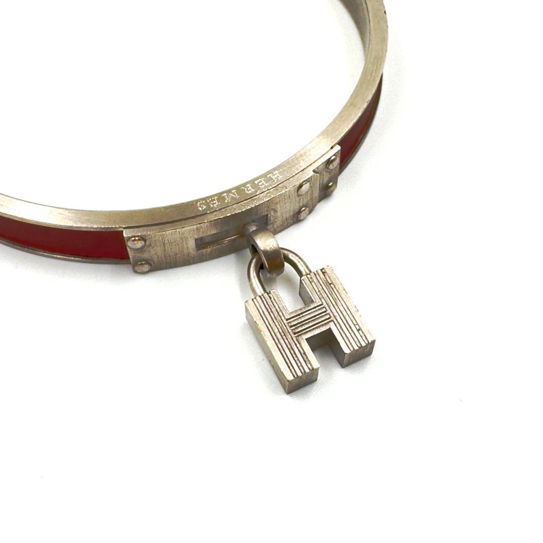 美品✨　エルメス　バングル　正規品　Hモチーフ　チャーム　レザー　ボルドー　ロゴ