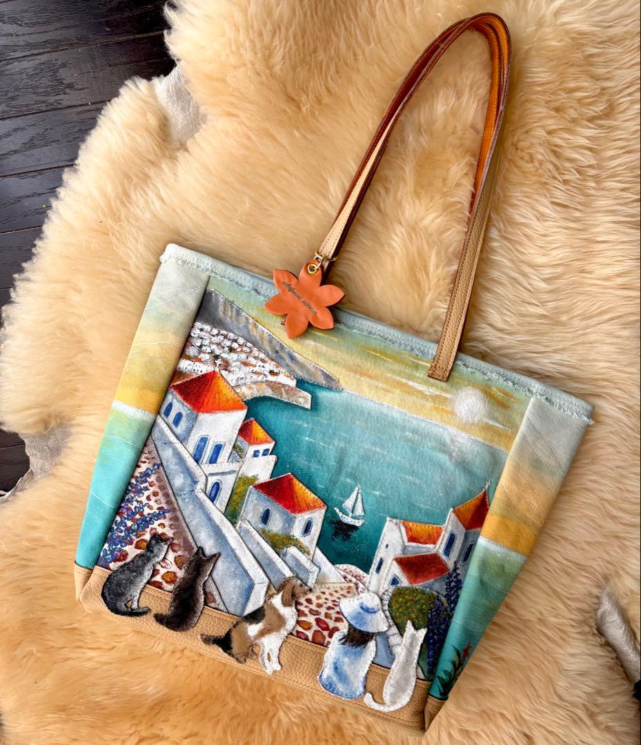 (手づくり)\"感謝溢れ出る日の夕暮れ\"レザー帆布トートバッグ/ネコ刺繍