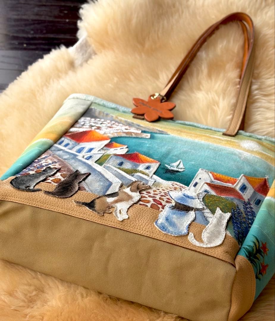 (手づくり)\"感謝溢れ出る日の夕暮れ\"レザー帆布トートバッグ/ネコ刺繍