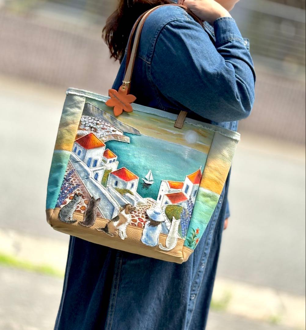 (手づくり)\"感謝溢れ出る日の夕暮れ\"レザー帆布トートバッグ/ネコ刺繍