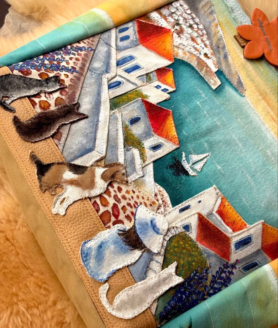 (手づくり)\"感謝溢れ出る日の夕暮れ\"レザー帆布トートバッグ/ネコ刺繍