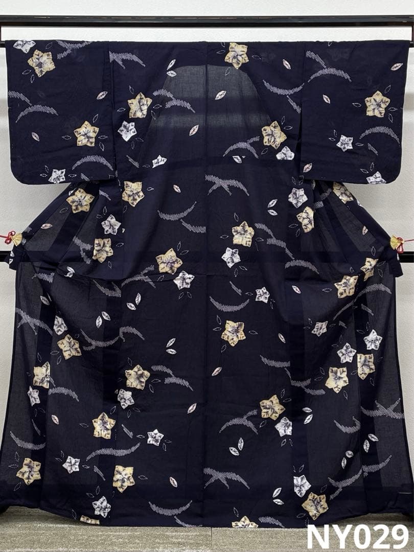 有松絞り 浴衣 夏物 桔梗文様 紺色系 綿100％ 躾糸付き NY029
