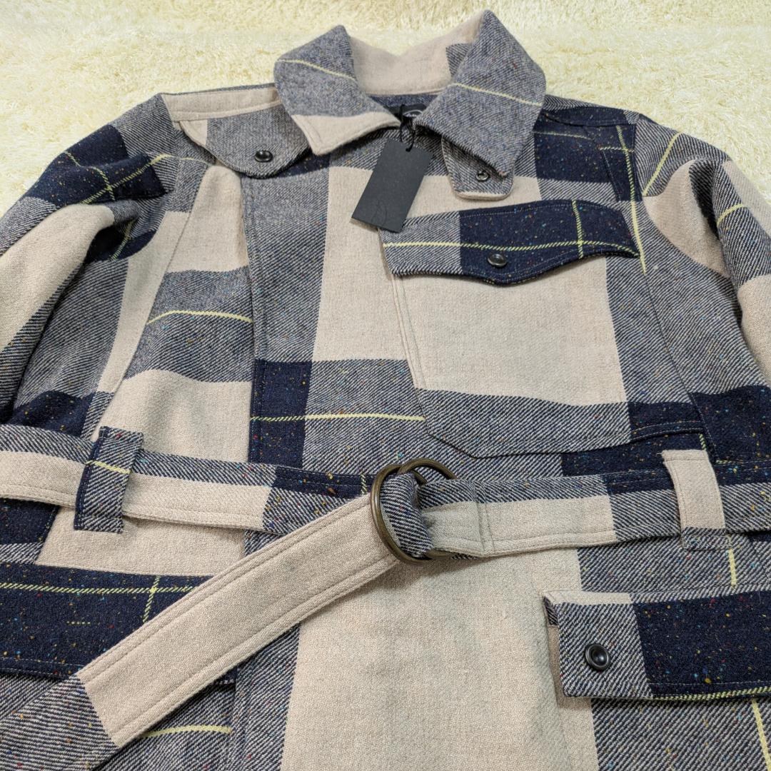 タグ付き MOTORCYCLE ウール チェック ライダース コート S