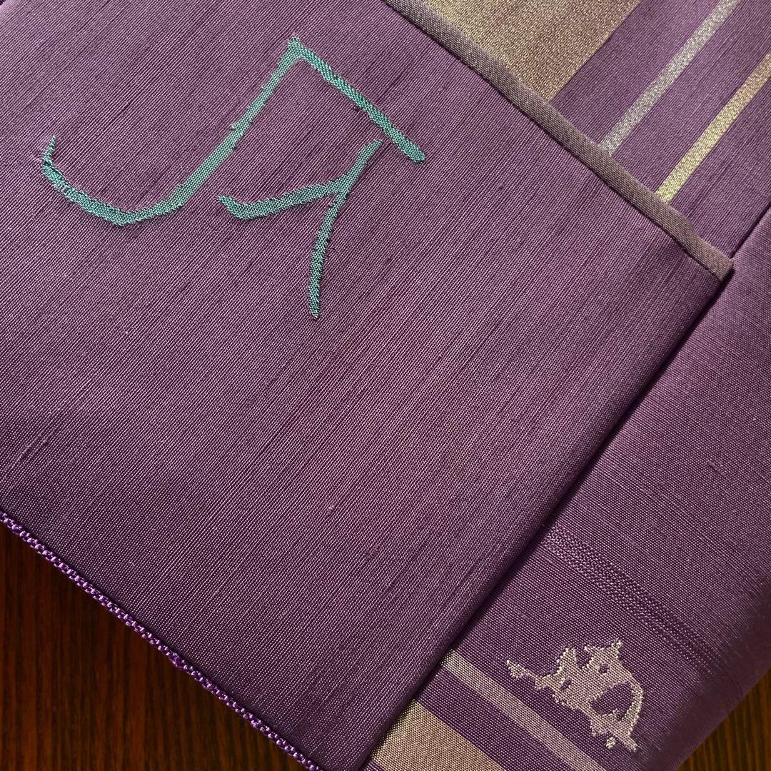 A4サイズ対応　紬帯　銀の香炉と金の枝花　リメイク　バンブーハンドルバッグ