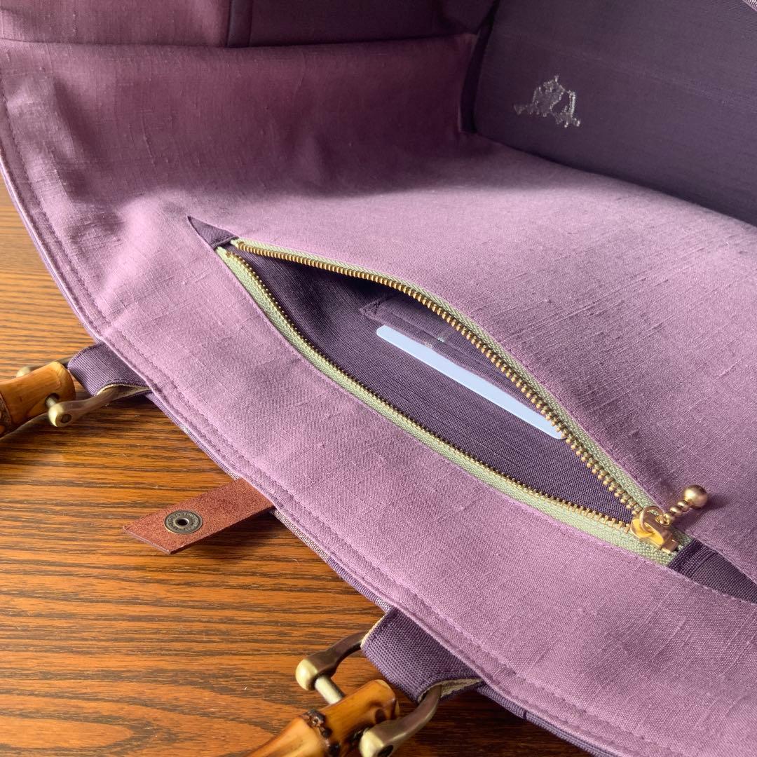 A4サイズ対応　紬帯　銀の香炉と金の枝花　リメイク　バンブーハンドルバッグ