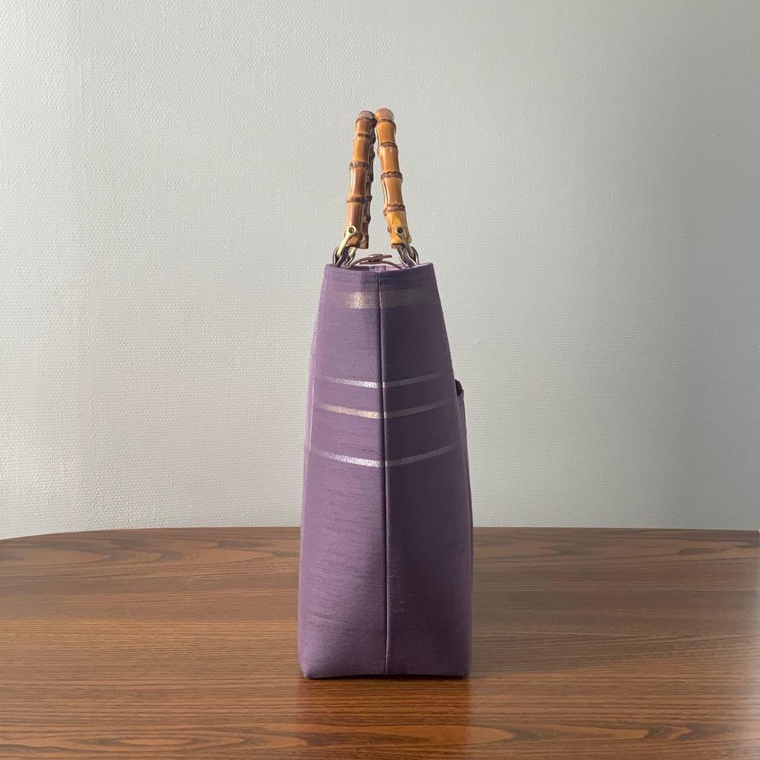 A4サイズ対応　紬帯　銀の香炉と金の枝花　リメイク　バンブーハンドルバッグ