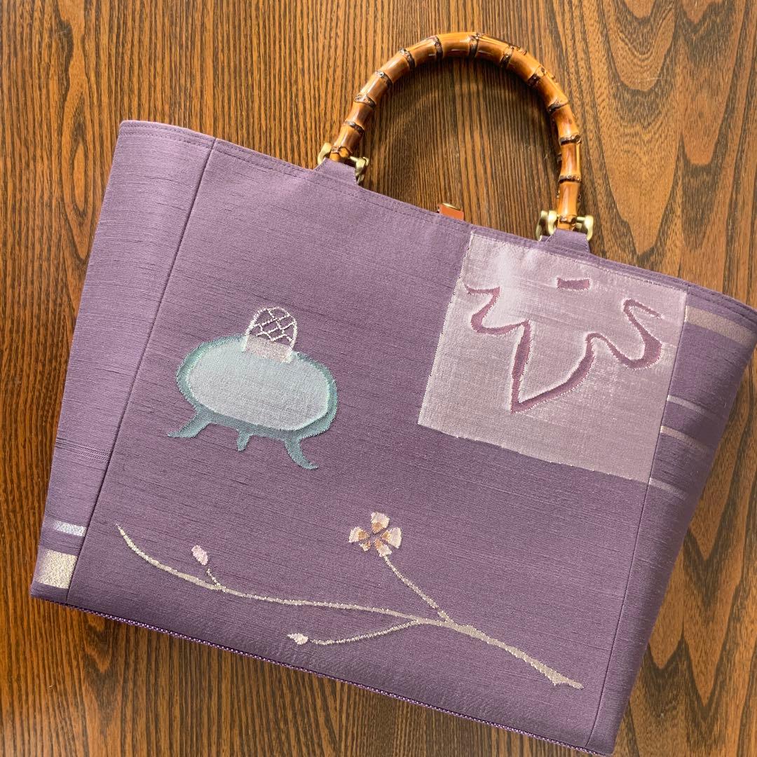 A4サイズ対応　紬帯　銀の香炉と金の枝花　リメイク　バンブーハンドルバッグ