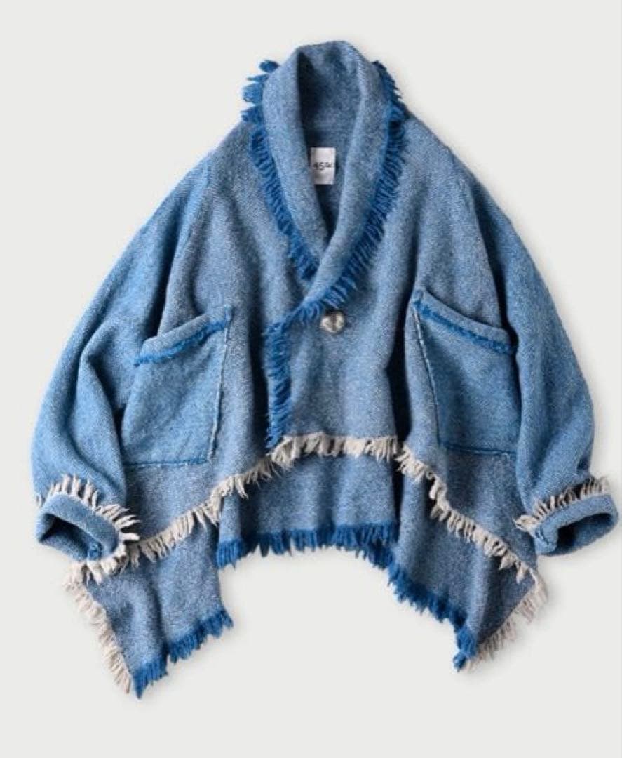 ４５Ｒ４５ｒインドメリノのポンチョショートサックスヘリンボーン定価￥68,200