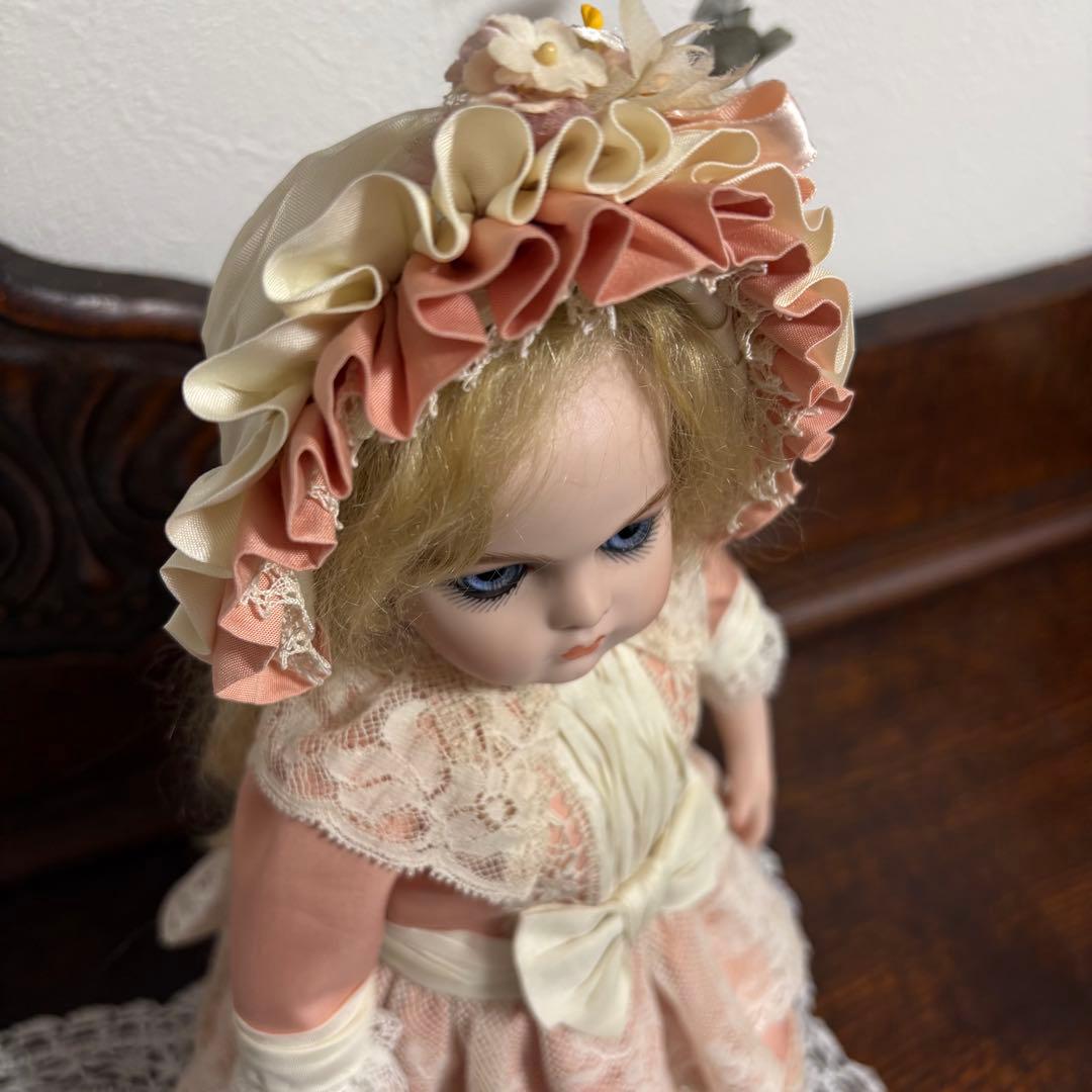 アンティークドール ビスクドール ドレス ボネ シルク ピンク レース