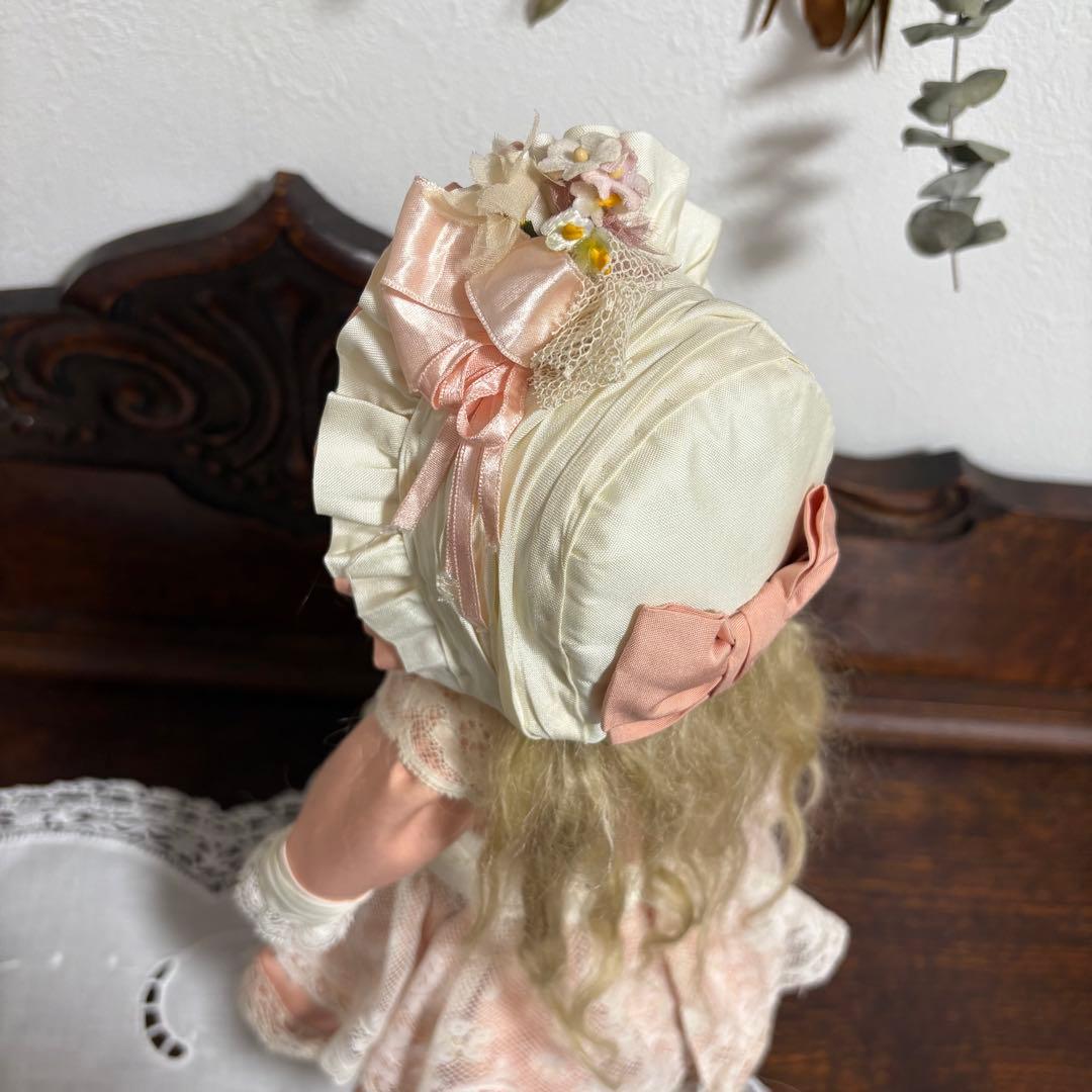 アンティークドール ビスクドール ドレス ボネ シルク ピンク レース