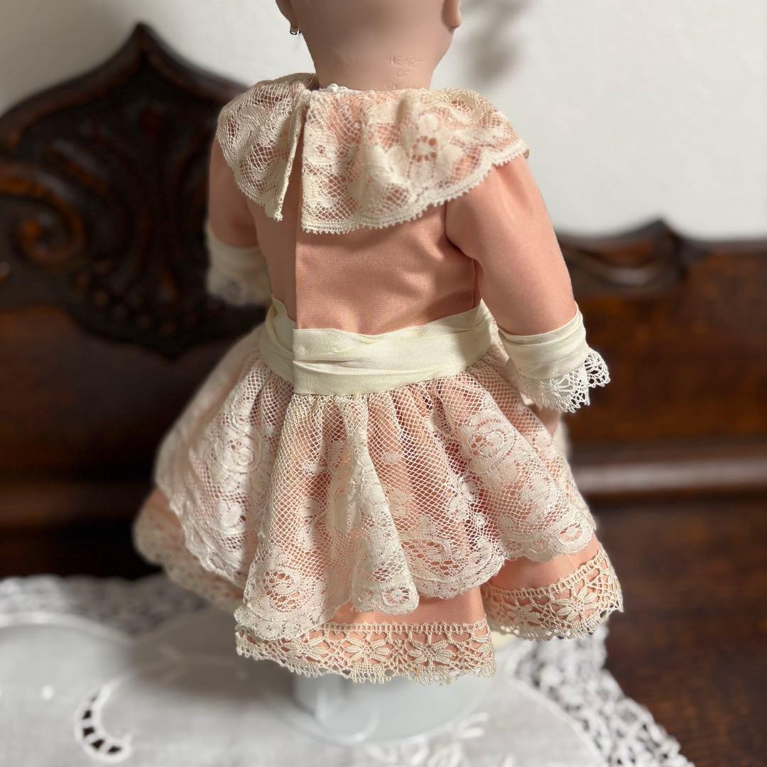 アンティークドール ビスクドール ドレス ボネ シルク ピンク レース