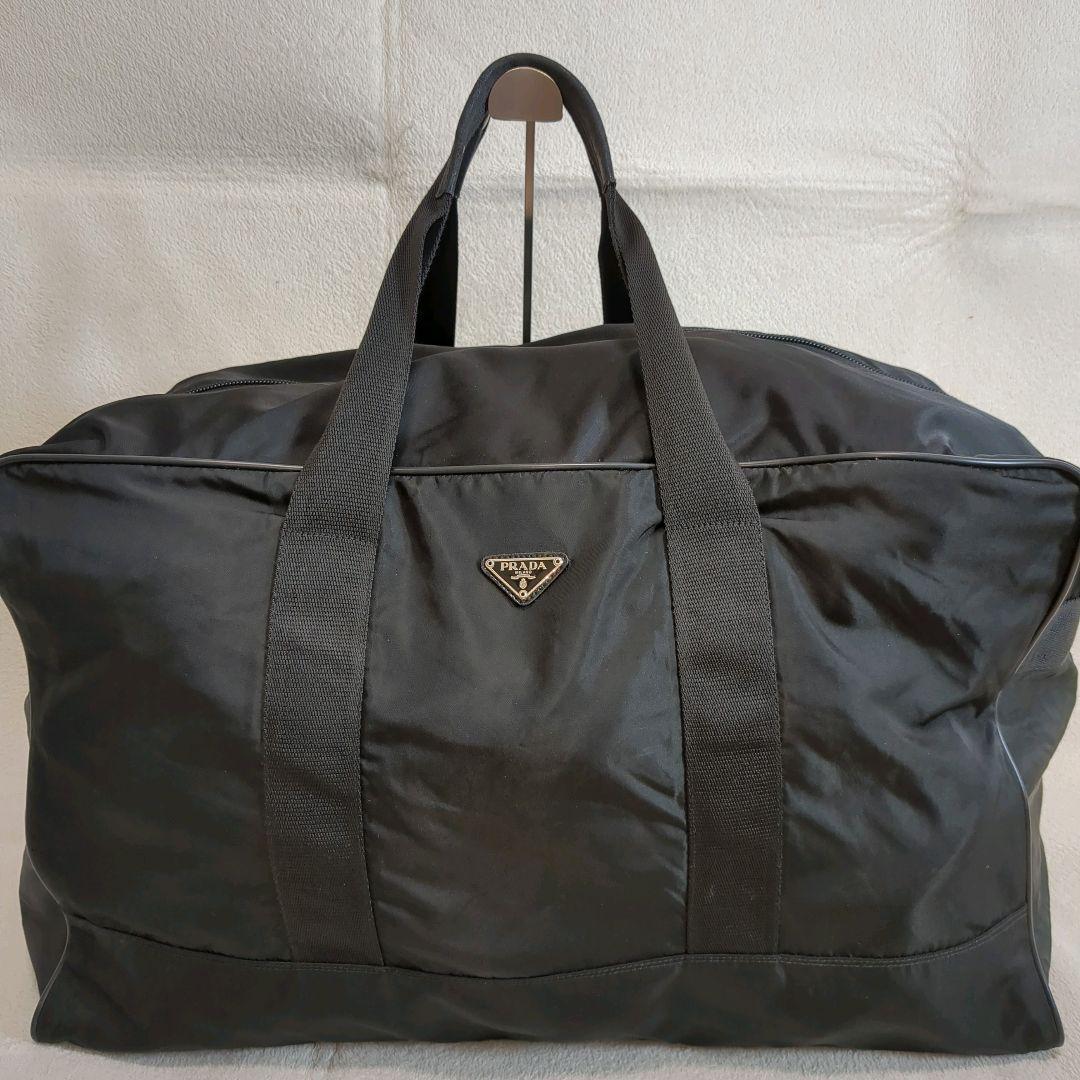 大容量 PRADA ボストンバッグ ブラック 三角ロゴ レザー ナイロン