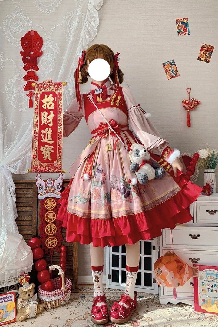 中華ロリ　チャイナ風ロリータ　パンダ　赤　ピンク　コンカフェ　M コスプレ　衣装