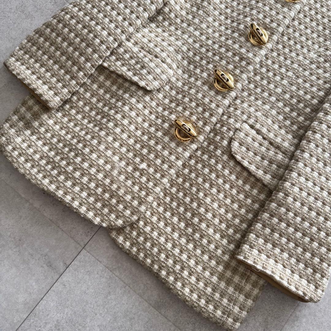 ミスディオール　テーラードジャケット ノーカラー　ツイード　金具　チェック