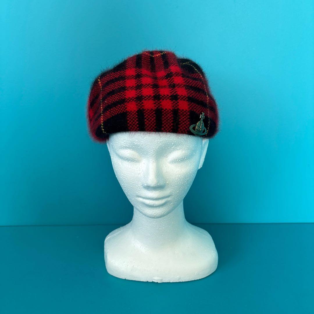 ヴィヴィアンウエストウッド　赤と黒のチェック アンゴラベレー帽　A13